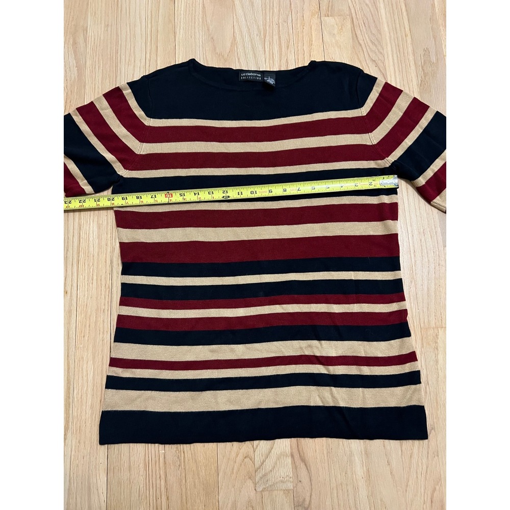 Liz Claiborne Striped Long Sleeve Sweater Top Women Size L Navy Burgundy Tan - Picture 3 of 4